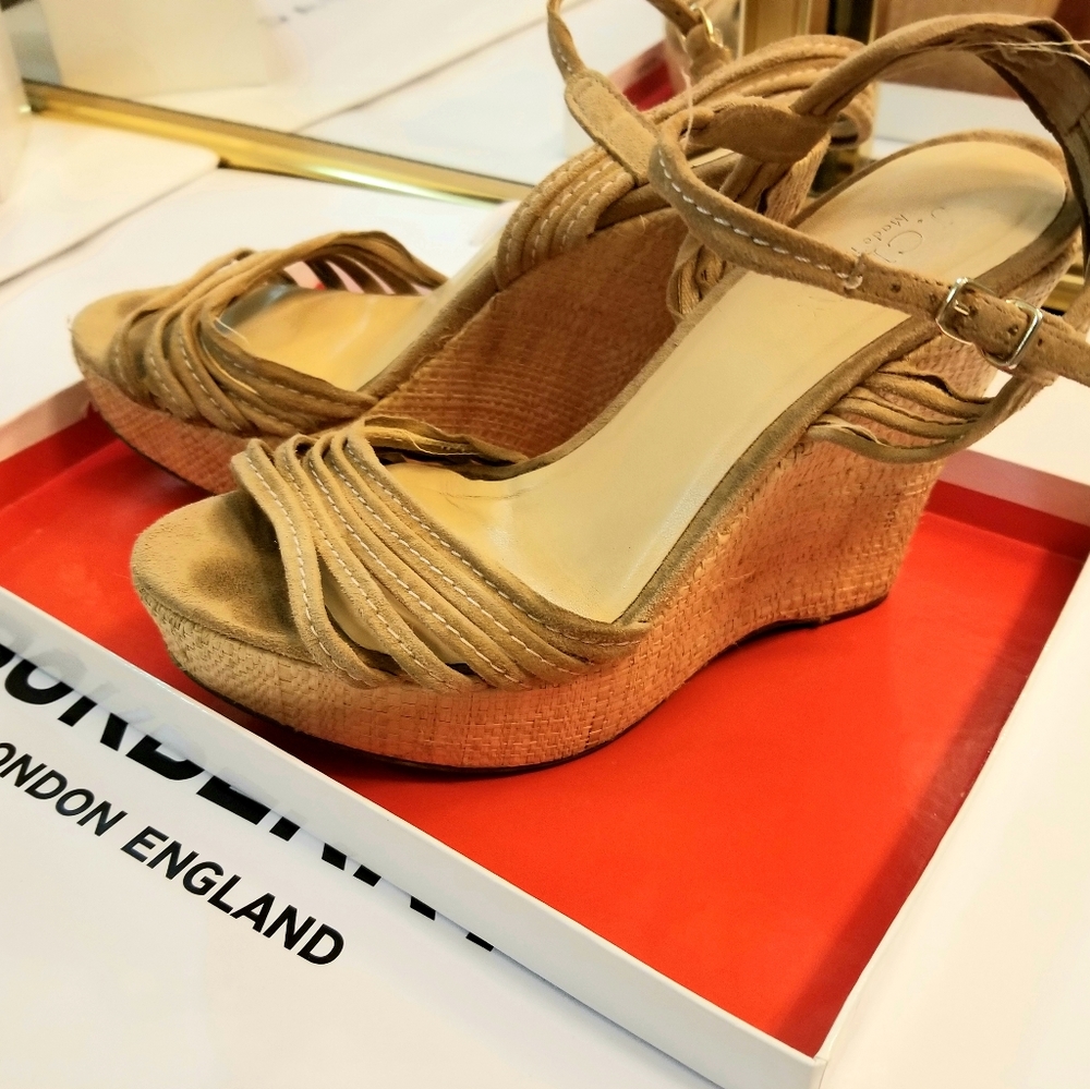Vintage J. Crew Nude Tan suede strappy Platform wedge heel sandal